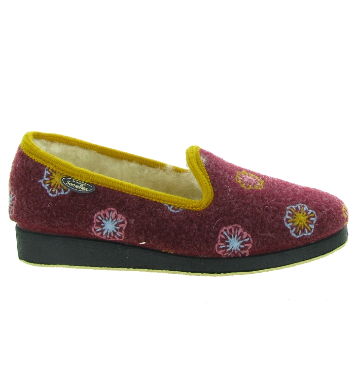 Ciabatte In Lana Donna Con Ricamo Fiori Bordeaux - Suola Gomma, Tacco 2cm, Larghezza Comfort - Taglia 37 EU